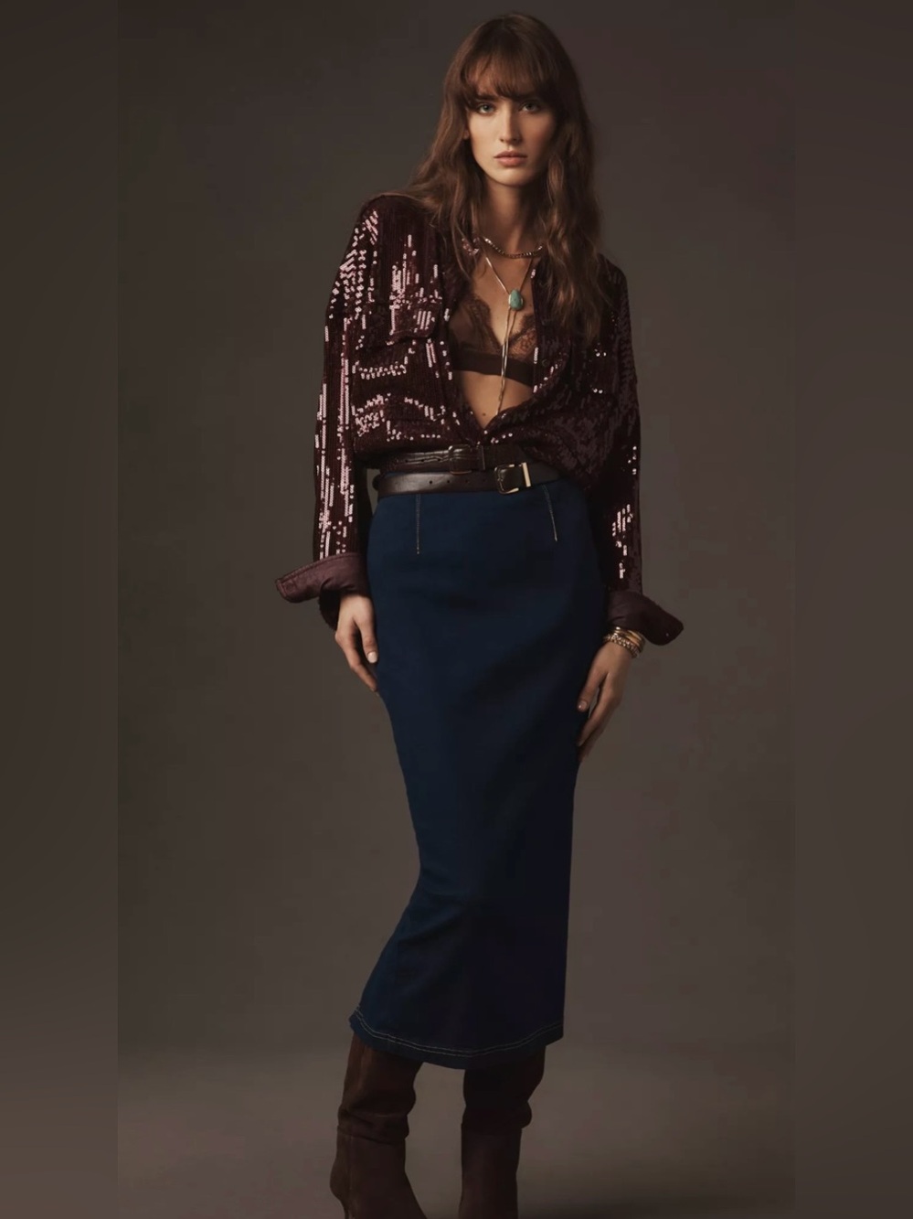 Pilcro Navy Pencil Midi Skirt